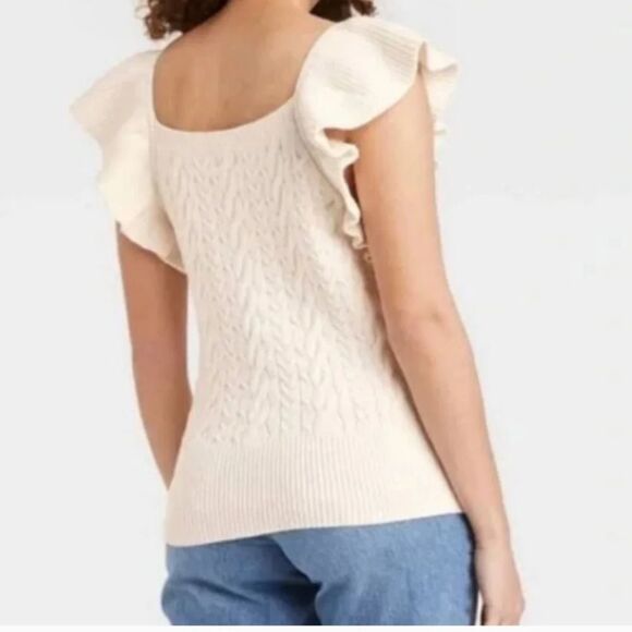 A NEW DAY Cream Off White Cable Knit Flutter Sleeve Tank Sweater Size Small - Picture 2 of 7